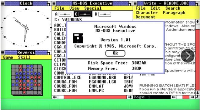 Microsoft Windows 1.0. Kasm 1985"te yaynlanmt.<br><br>Kaynak :