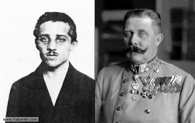 Suikast Srp milliyetisi Gavrilo Princip ve kurban veliaht Aridk Franz Ferdinand. Her iki fotoraf da 1914 ylna ait.
