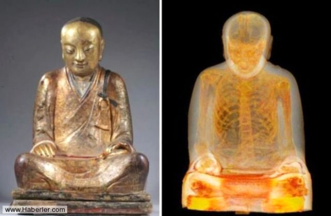 Ancak yaplan incelemede Buda heykelinin iinde, Budist bir rahibe ait olduu tahmin edilen mumyalanm bir beden kt.  Asya