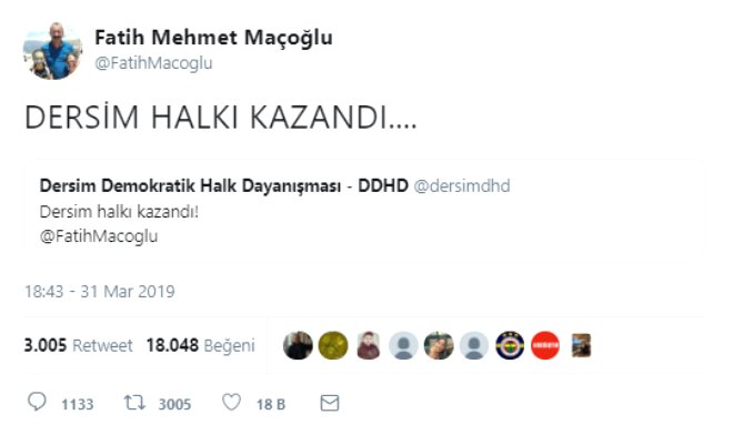 
TKP aday Maolu ilk sonularn gelmesinin ardndan "Dersim halk kazand" eklinde tweet att:
