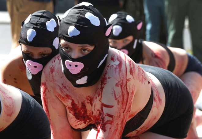 Hayvan koruma rgtleri ve vegan aktivistler, kendilerini sahte kanlarla boyayarak kent meydannda yerlere uzand.