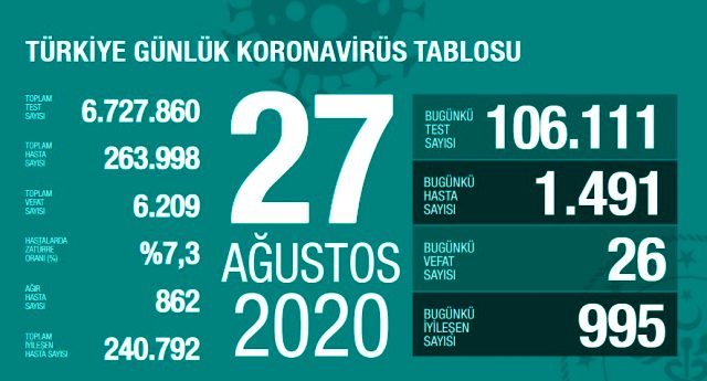 Koronavirüs tablosu bugün: 27 Ağustos korona tablosu, vaka ve vefat sayısı