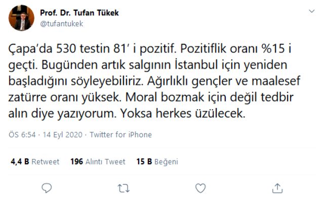Çapa Tıp Fakültesi verilerini paylaşan Prof. Dr. Tufan Tükek'den İstanbul için dikkat çeken uyarı: Salgın yeniden başladı